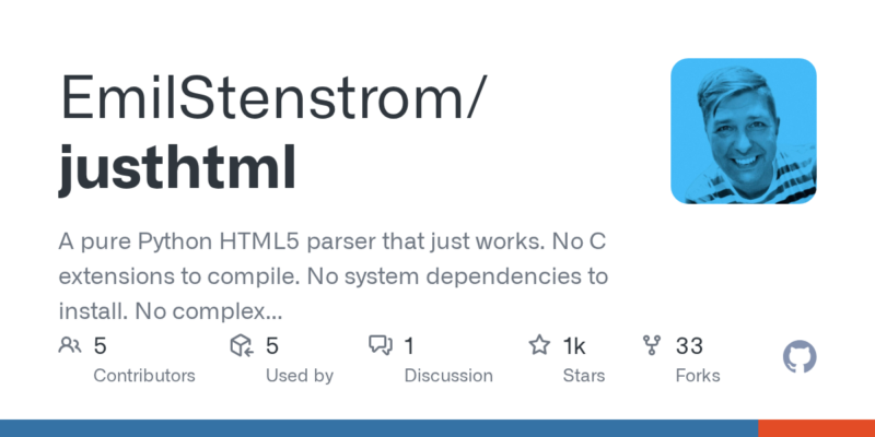 EmilStenstrom/justhtml 源码下载与部署教程-源码站